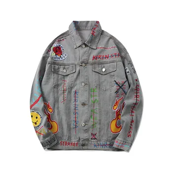 

Graffiti Letter Flame Printed Denim Jacket Wash Vintage Hip Hop Streetwear Jeans Jacket Outwear Fashion Cowboy Punk Rock Coat