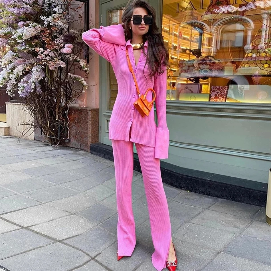 High Quality Fashion Women'S Knitted Slim 2 Two-Piece Set 2021 Spring Sexy V Long-Sleeved Button Top + Pants Casual Suit skirt suit set