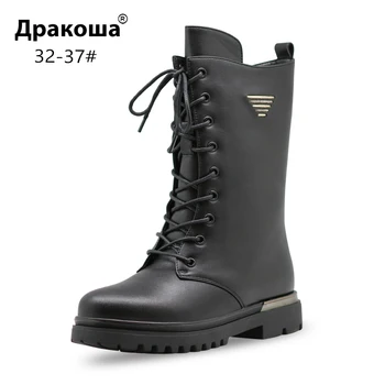 

Apakowa England Rubber Winter Boots Vintage Black Leather Girl Snow Boots Thicken Fur Lined High Knee Warm Kids Winter Shoes