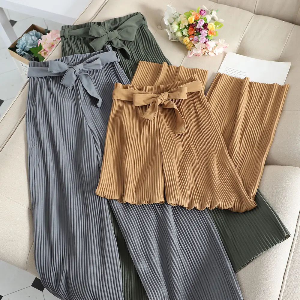 

Summer 2020 Korean Style Solid Pleated Wide Leg Pants Bow Sashes Design Streetwear Breathable Loose Casual Women Trousers G1555