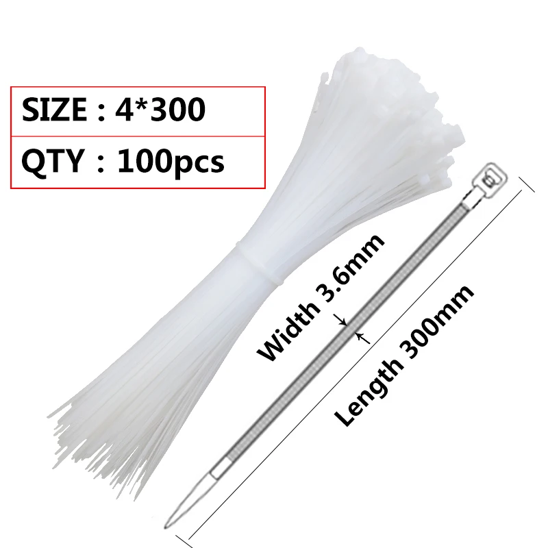 4*300 мм самоблокирующийся пластиковый нейлоновый кабель с застежкой-молнией 100 шт. крепежная петля для связывания проводов 40 фунтов белая ширина 3,6 мм - Color: White