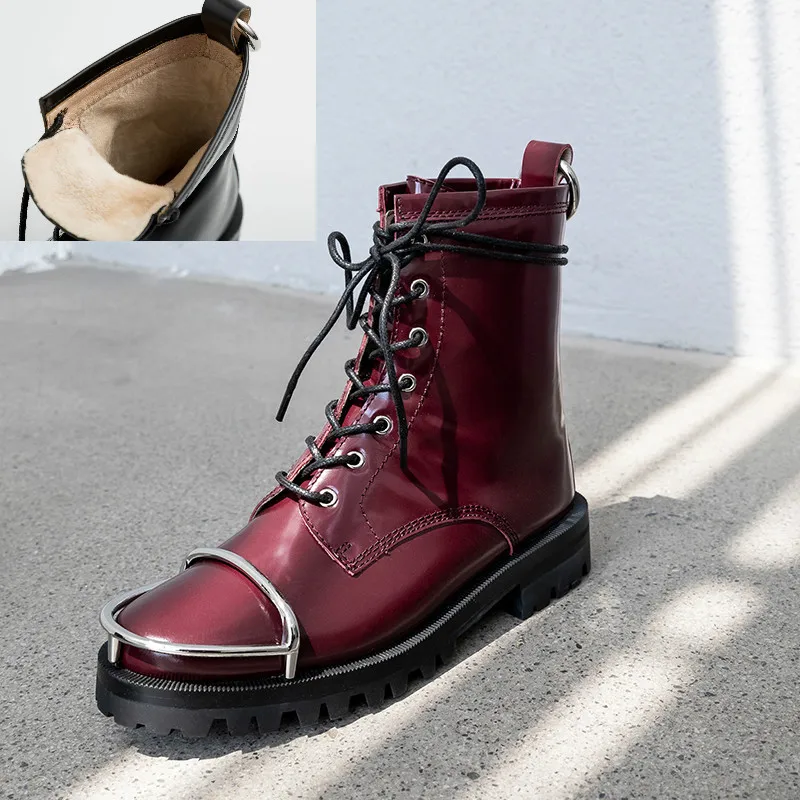 Wine Red short Plush Xiuningyan/женские мотоциклетные ботинки; Ботинки martin из натуральной кожи; женские рыцарские сапоги ручной работы на платформе с металлическими украшениями - Цвет: Wine Red short Plush
