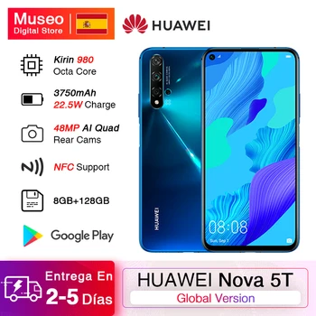 Перейти на Алиэкспресс и купить Глобальная версия Huawei Nova 5 T 5 T 8GB 128GB смартфон 48MP камеры Фронтальная 32MP 6,26 'экран Kirin 980 Android 9