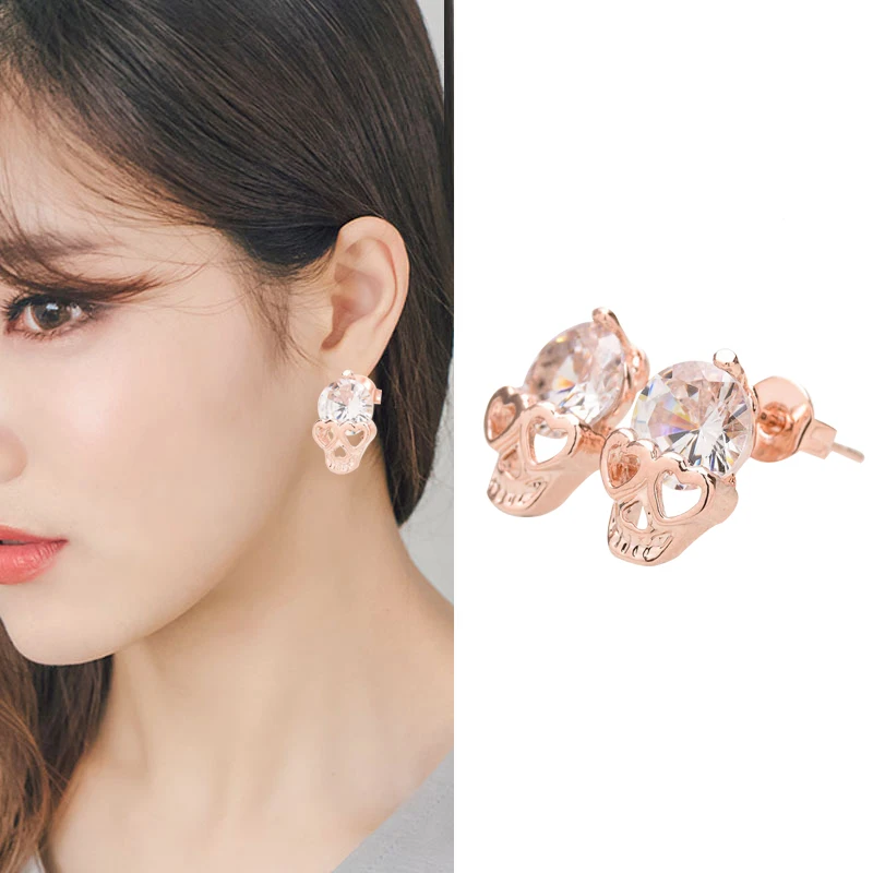 Women Plastic Earrings Cute Heart Eyes Skull Earring Small Jewelry Rose Gold Color Trendy Shining Crystal Stud | Украшения и