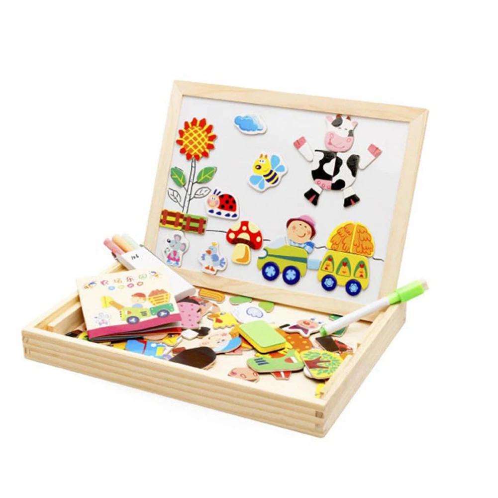 Baby Learning Toys Montessori Wooden Puzzle Animals Puzzles Double Side Magnetic Drawing Board Educational Toys for Kids
