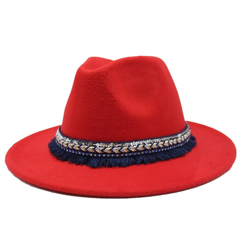 Seioum 14 цветов Высокая-Q широкоугольная шерсть фетр Джаз Fedora головные уборы для мужчин и женщин британская Классическая Трилби вечерние Панама флоппи - Цвет: red