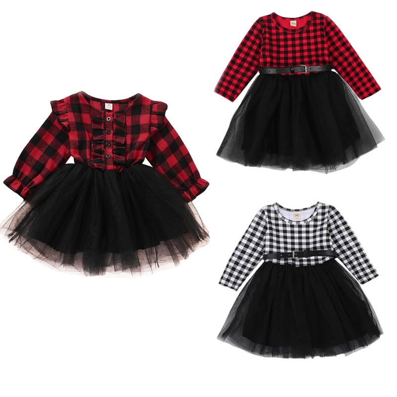 FOCUSNORM Christmas 1-6Y Kids Girls Lace Tutu Dress Long Sleeve Plaid Print Patchwork Knee Length Party | Детская одежда и обувь