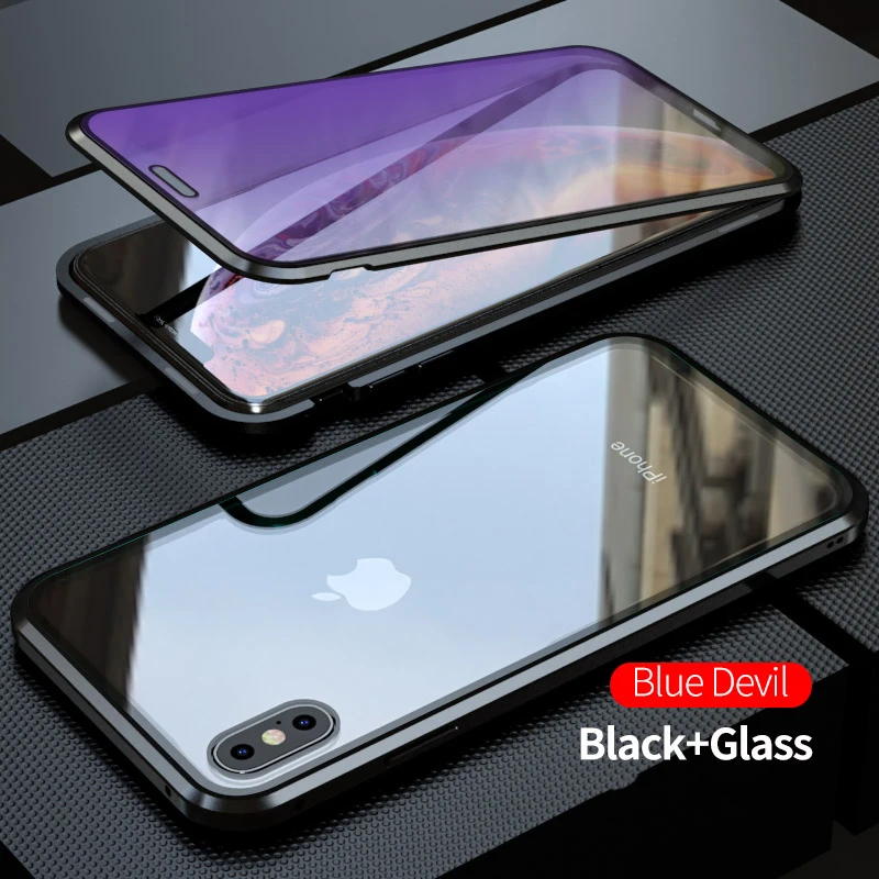 Чехол для Apple iPhone X XS MAX XR 8 7 6s Plus, анти-синий светильник, экран и заднее закаленное стекло 360, полная защита, металлический чехол - Цвет: Черный