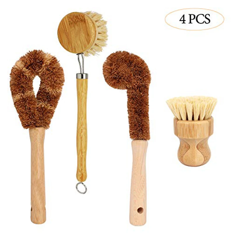 PlantBasedCleaningBrushSet4PieceBeechWoodandCoconutBristle