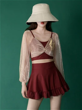 

Swimwear Fairy Style South Korea Graceful Hot Springs Conservative Slimming Belly Covering Three-piece Set Bathing Suit Women's