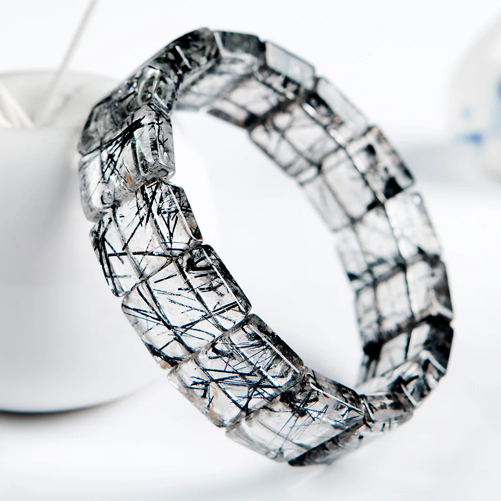 Newly Natural Black Hair Rutilated Quartz Bracelets For Women Men Clear Crystal Rectangle Beads Bracelet Bangle AAAAA