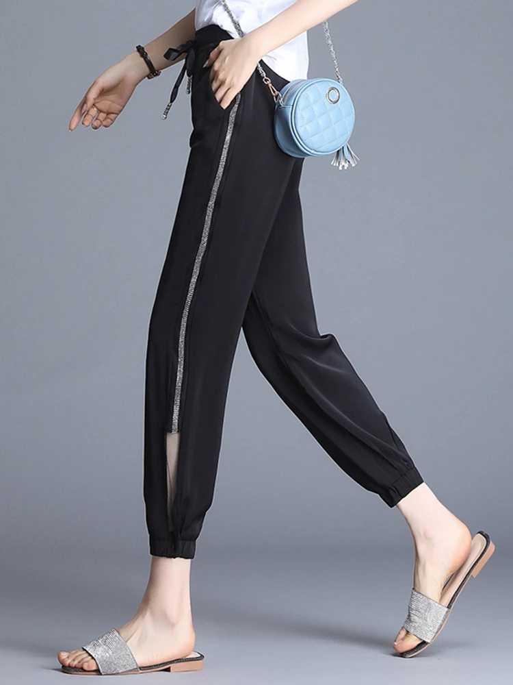 Chiffon casual pants female summer thin ice silk nine points beam feet harem pants loose and thin net yarn lantern radish pants capri leggings with pockets