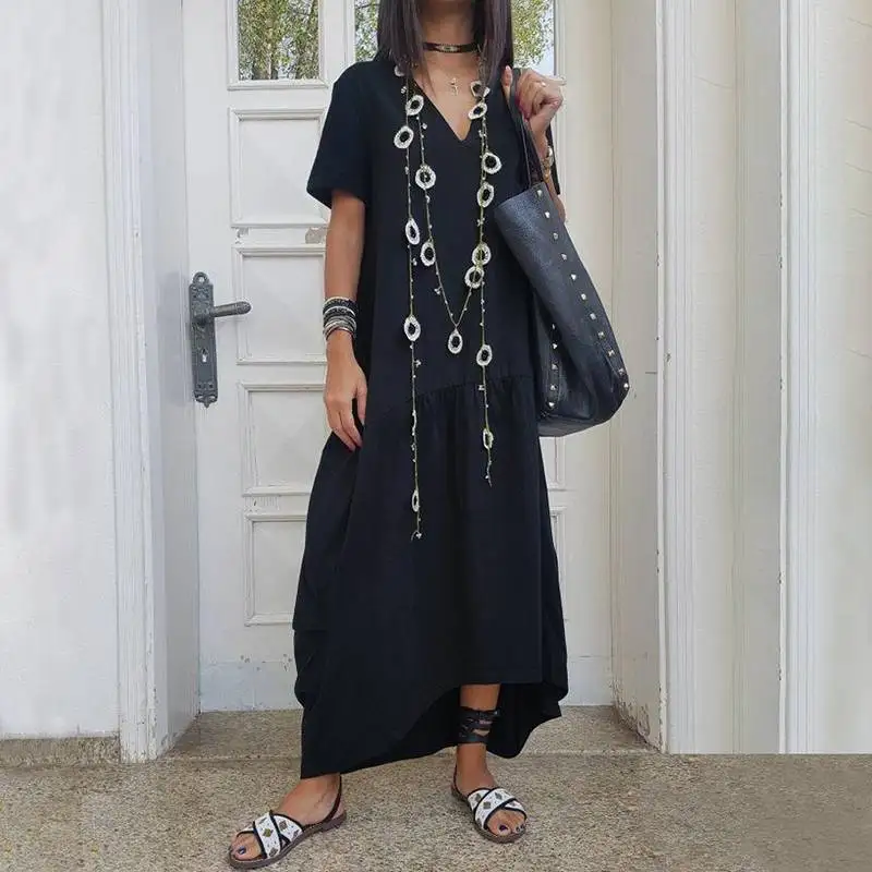 Women Dresses VONDA Vintage Short Sleeve Swing Party Maxi Long Dress Casual Loose Vestidos Summer Sundress Plus Size