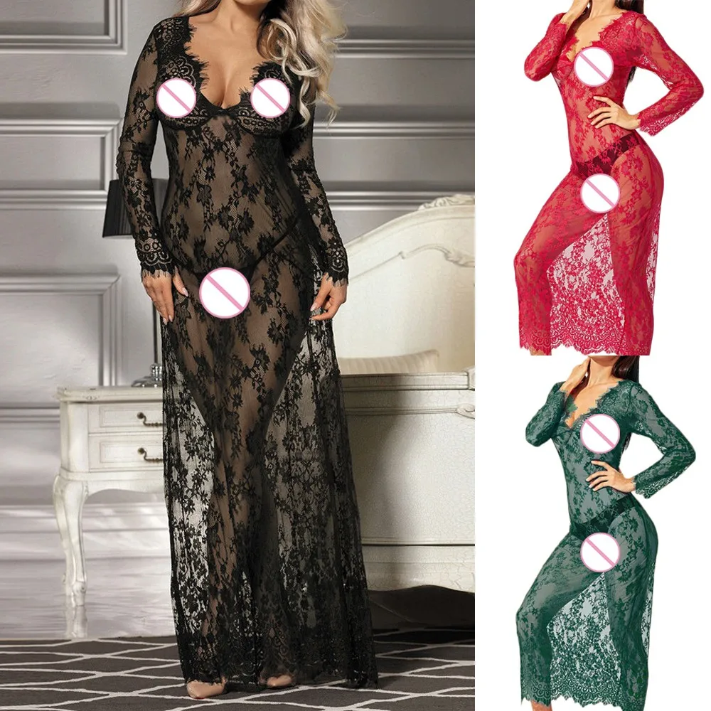 StylishBar женское неглиже ночнушка сексуальное женское белье кружевное платье Прозрачная сетка длинная ночная вечерняя одежда Красивая плюс размер 3xl