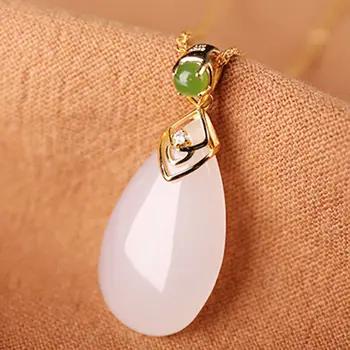 

Silver inlaid natural Hotan white jade pulp Drop Shaped Pendant Necklace Chinese style retro Bohemian charm women's jewelry