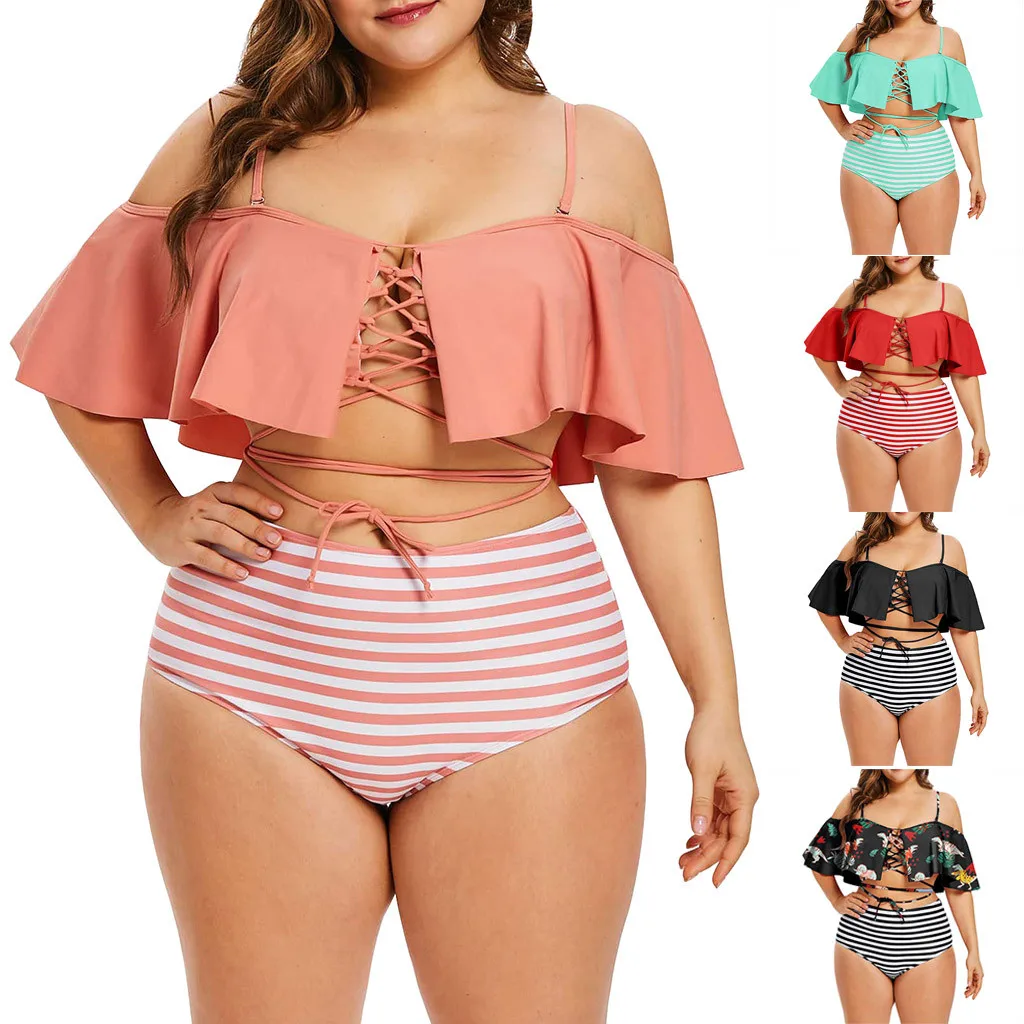 

New Sexy Women Bikini Set Mujer Women Ruffle High Waisted Swimwear Plus Size Off Shoulder Striped Swimsuit Set XL-5XL