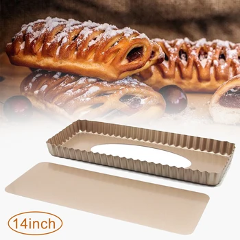 

Bakeware Home 14 Inches Non Stick Tart Pan High Carbon Steel Oven Cake Mold Rectangle Fluted Kitchen Easy Clean Removable Bottom