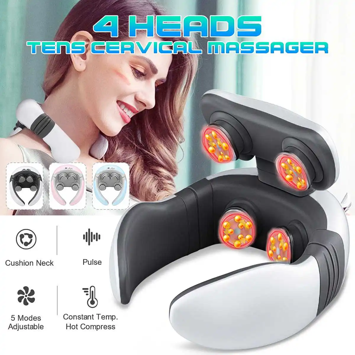 

Neck Massager USB Wireless Magnetic-Pulse Neck Cervical Massager 4 Heads 9 Gear Adjustable Massage Relax Vertebra Physiotherapy