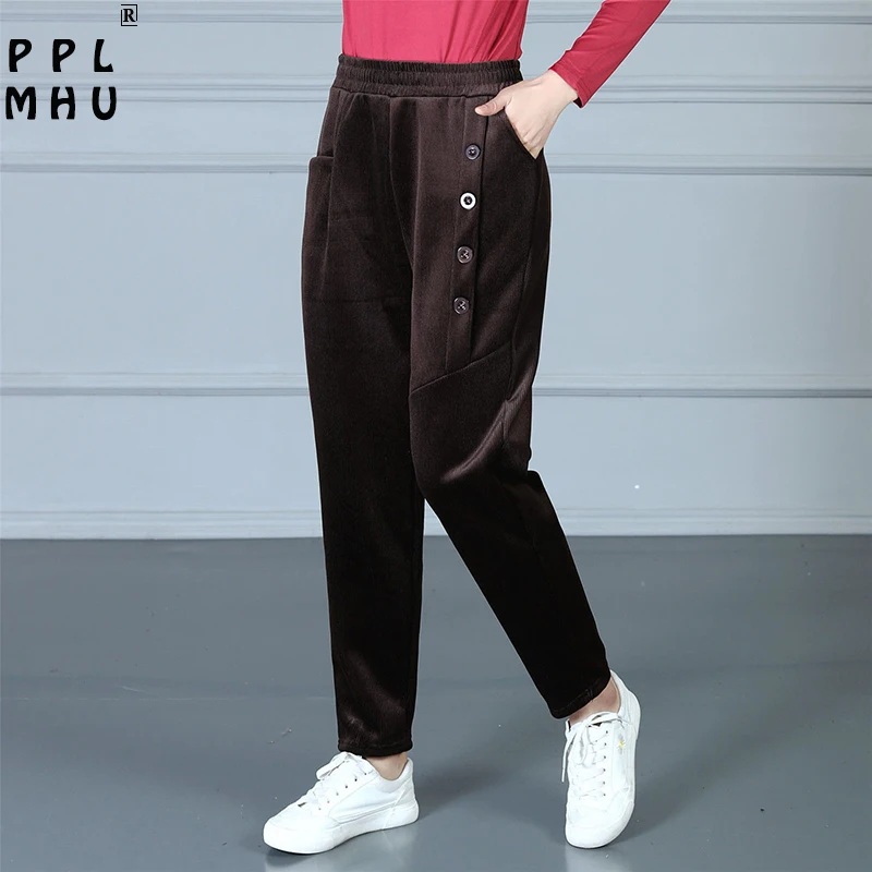

Oversize 5XL Vintage Brown Corduroy Pants Women Casual Elastic High Waist Harem Pant Mother's Button Ankle Pantalones De Mujer