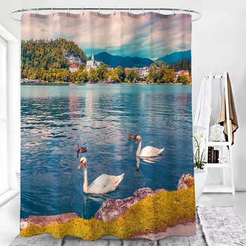 

Swan Printed Shower Curtain Blue Lake Pastoral Scenic Bathroom Screen High Quality Waterproof Polyester Bath Products Home Decor