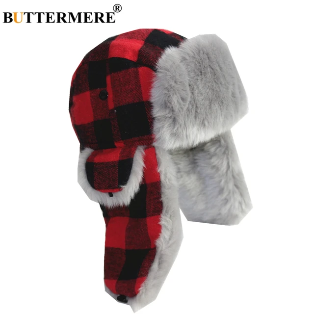 Red Plaid Trapper Hat Earflap Cashmere 