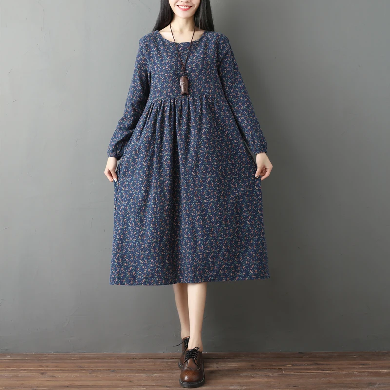 

Uego 2019 New Arrival Long Sleeve Autumn Dress Cotton Linen Print Floral Vintage Dress Plus Size Women Casual Midi Party Dress