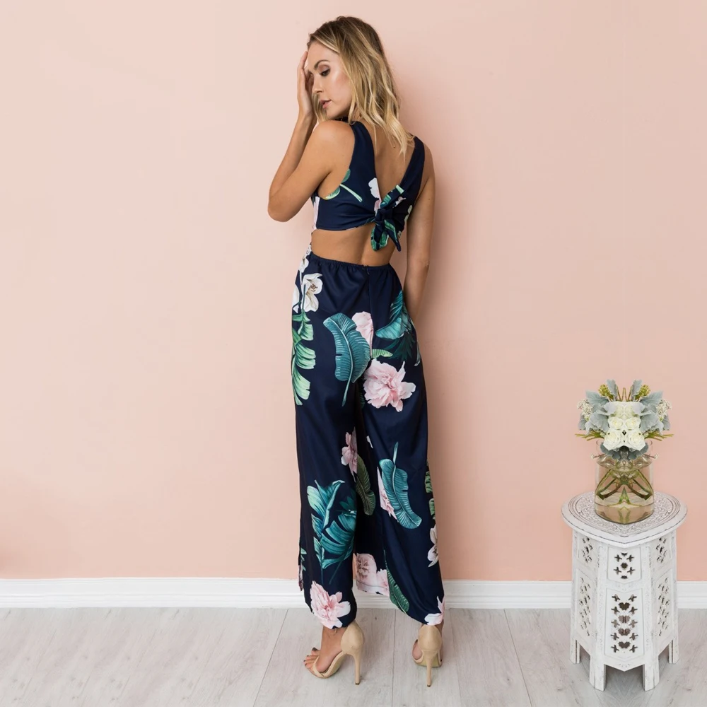 Sexy Deep V Neck Elegant Vintage Beach Jumpsuit Summer Backless Bow Wide Leg High Split Straight Casual Women Romper Jumpsuit