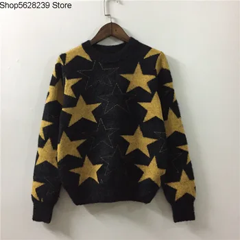 

2020 Season Women's Wear Sweater Round Neck Long Sleeve Imitation Mink Velvet Gold Thread Pentagram Knitting Pullover Sweater