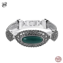 Тайский серебряный винтажный Овальный натуральный зеленый камень черный браслет с цветами из кристаллов Настоящее 925 пробы серебряные ювелирные изделия для женщин