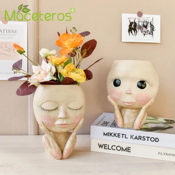 

New Human Face Vase Decoration Big Eyes Doll Resin Flowerpot Figure Sculpture Crafts Storage Container Flower Garden Decoration