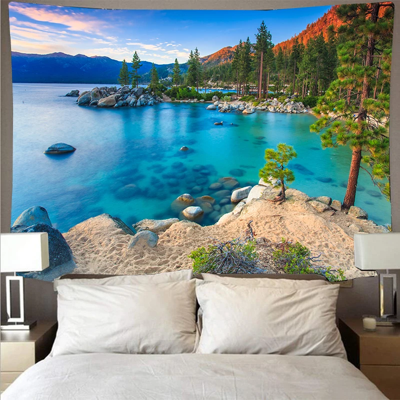 

Beautiful forest river scenery boat cheap tapestry art psychedelic wall hanging beach towel mandala decorative thin blanket yoga