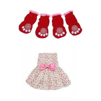 

2 Pairs Size L Antislip Bottom Pet Dog Doggie Puppy Socks Red Pink & 1x Country style Small floral pet dress Pink M