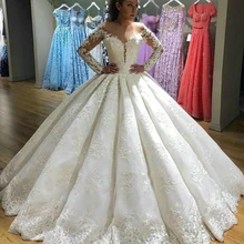 Роскошное бальное платье, свадебное платье с длинным рукавом на заказ, Кружевная аппликация, свадебные платья длиной до пола, Пышные свадебные платья принцессы, новинка