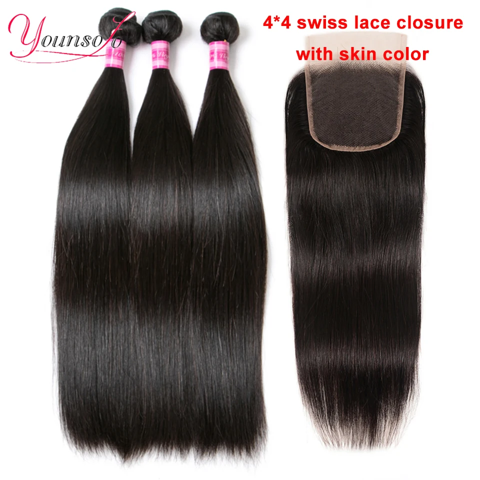 Younsolo-mechones de cabello humano brasileño Remy, extensiones de cabello liso con cierre de encaje, 3 mechones