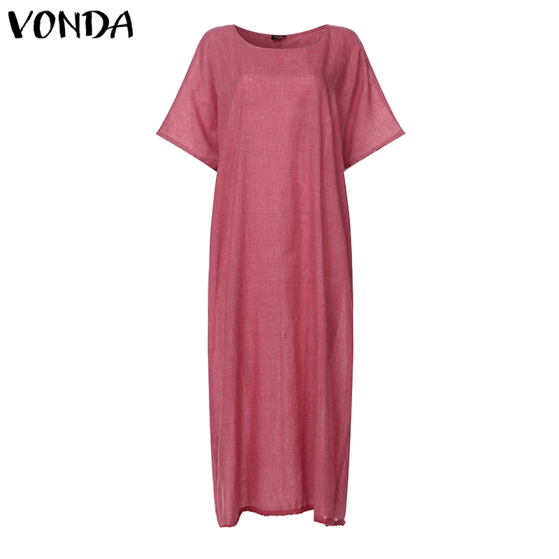 Летнее платье больших размеров, женское богемное платье с коротким рукавом VONDA, повседневное свободное платье до середины икры, пляжный Сарафан - Цвет: Красный