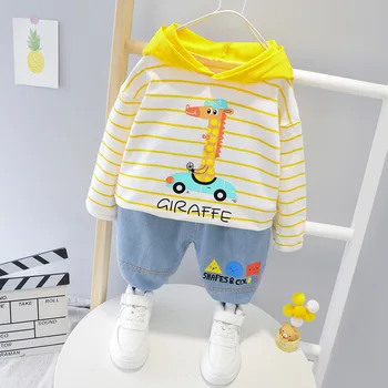 

Autumn Baby Boy Outfit Cute Kids Cartoon Striped Sweatshirt+Jeans Two Piece Unisex Baby Tracksuit Hooded Casual Newborn Girl Set