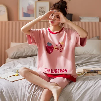 

luckymily 2020 New Summer Sleepwear For Women Pink Ladies Home Wear Round Neck Pajamas Cotton Homewear Lady Pijamas Pyjamas