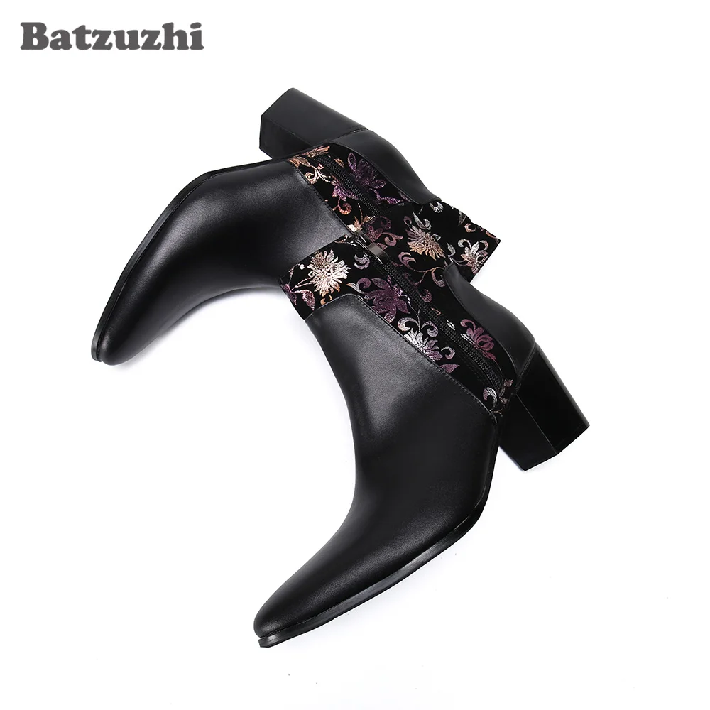 Batzuzhi 7.5CM Heels High Men Boots Black Genuine Leather Ankle Boots Gentlemen chaussure homme Party and Wedding Boots for Men