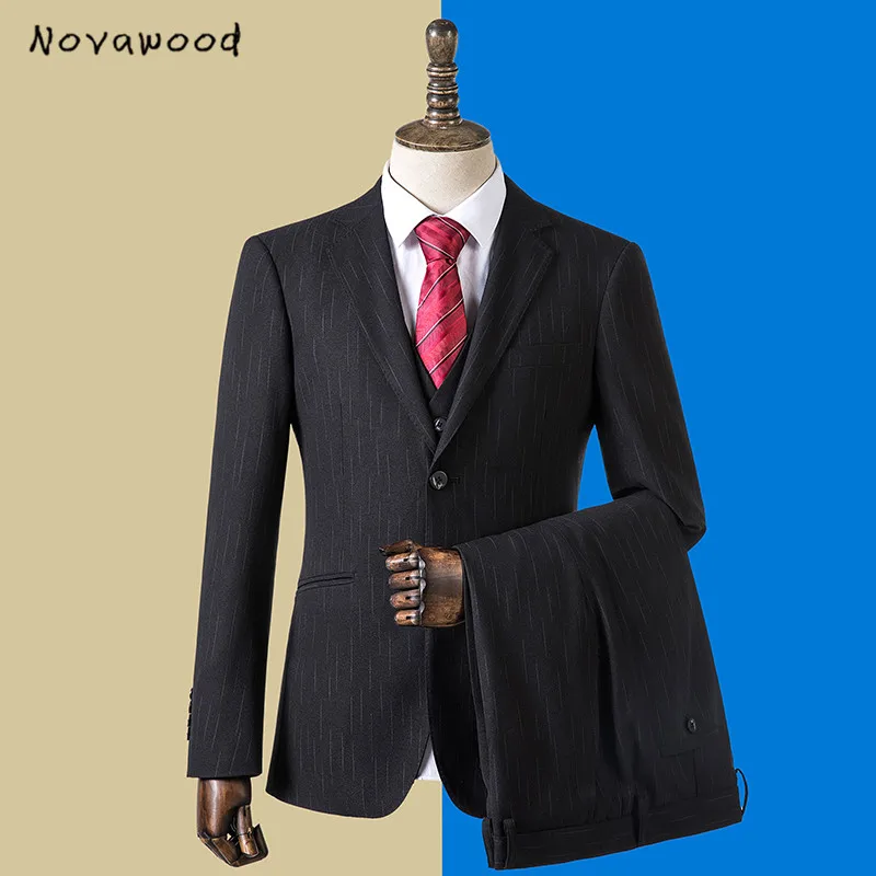 Novawwood, черные мужские костюмы на заказ, три штуки,, приталенный, для жениха, свадебный костюм, для мужчин, Новое поступление, роскошные Брендовые вечерние костюмы на выпускной