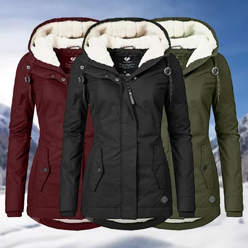 

Women Fur Lined Coat Parka Jacket Solid Color Ladies Hooded Outwear Winter Warm Overcoat