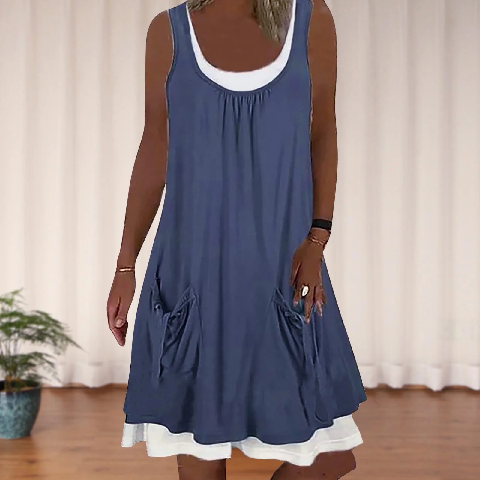 Summer Patchwork Short Dress Women 2021 Casual O Neck Pocket Party Dress Ladies Sleeveless Loose Beach Dresses Plus Size