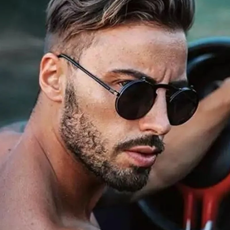 Round Steampunk Sunglasses Man Vintage Flip Celebrity Sun Glasses Male Driving Superstar Brand Designer Metal Shades_voghion.com