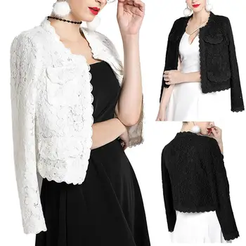 

Fashion Women Floral Lace Long Sleeve Front Open Slim Short Cardigan Suit Coat