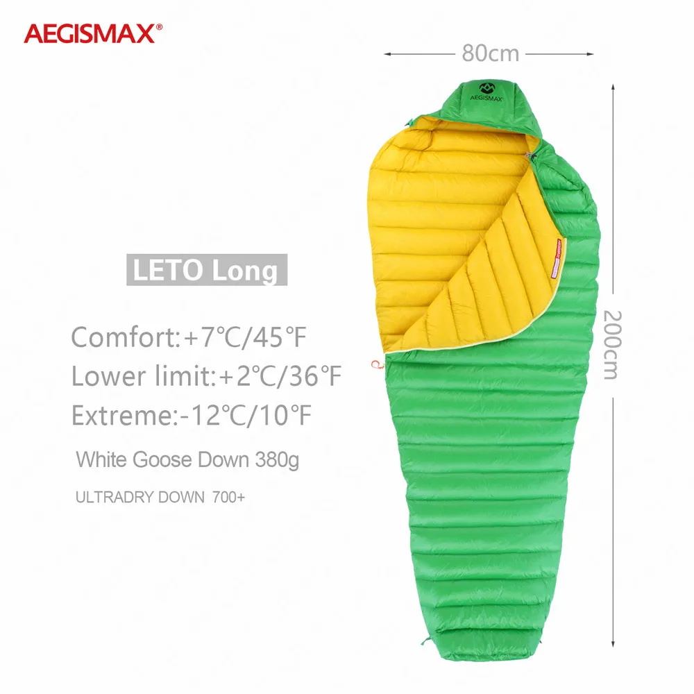 AEGISMAX LETO на открытом воздухе FP700+ белый гусиный пух спальный мешок водонепроницаемый кемпинг путешествия 36℉~ 45℉ маленькая упаковка вниз спальный мешок - Цвет: Green-Lengthen