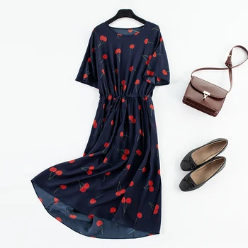 

Women's 100% Pure Silk Long Dress belt round neck short sleeve navy cherry L XL JN073