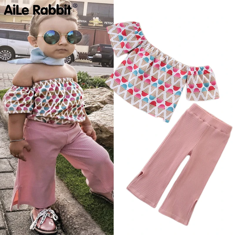 

Fashion Girls Clothes Suit Word Shoulder Shirt Pants 2 Sets Flare Pants Cartoon Ice Cream Children's Wear Clothing Set