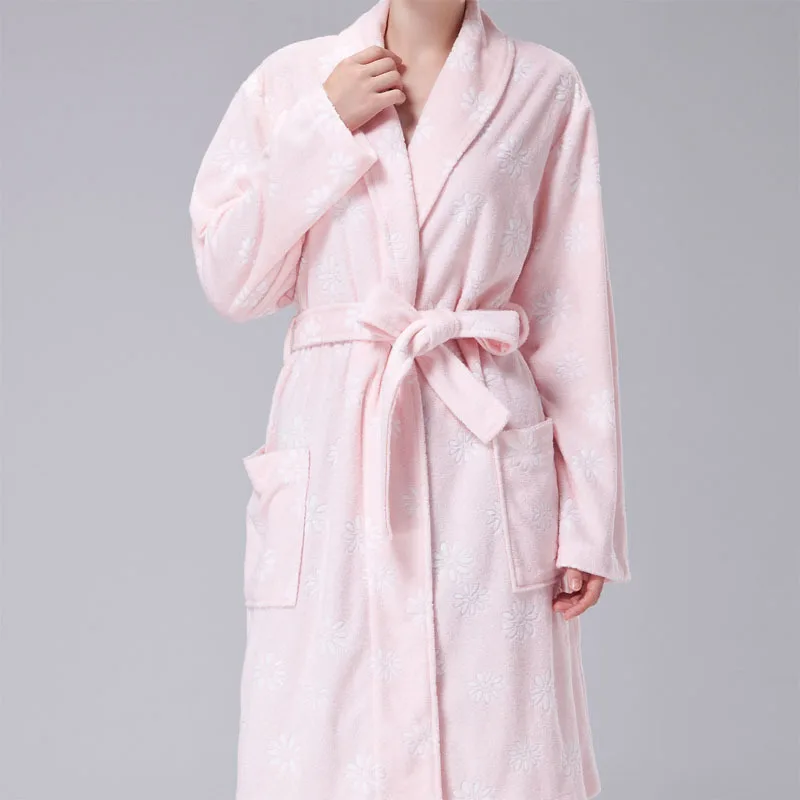 Night Robe Sleepwear Dress Spring And Autumn Thin Cotton Toweling Bathrobe Women Pink Jacquard Long-Sleeve Bathrobe Apparel