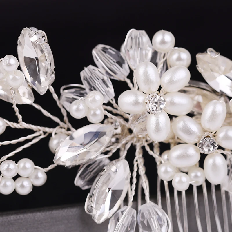 Handmade Pearls Wedding Hair Accessories Silver Color Tiara Hair Combs For Women Cheap Band Bridal Jewelry Headpiece