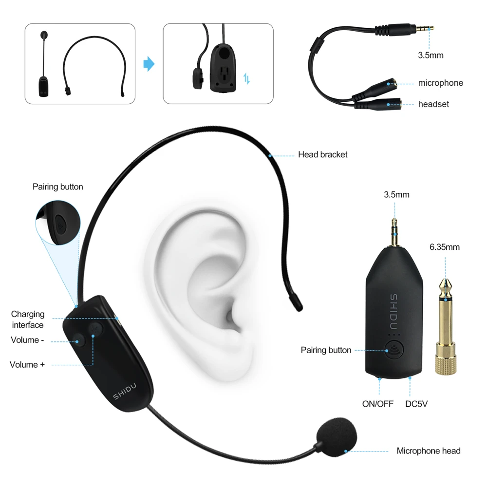 Microfone sem Fio Fone de Ouvido Receptor para Alto Shidu Handheld Sistema Microfone Portátil 3.5 - 6.5mm Plug Falantes Amplificador Voz Professores Uhf - Image 3