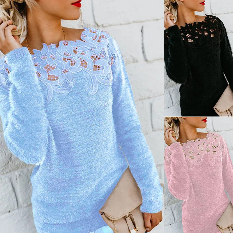 

Women Sweaters and Pullovers Winter Warm Knitted Wool Sweaters Korean Plus Size Tunic Loose Sexy Pink Lace Long Sleeve Jumpers